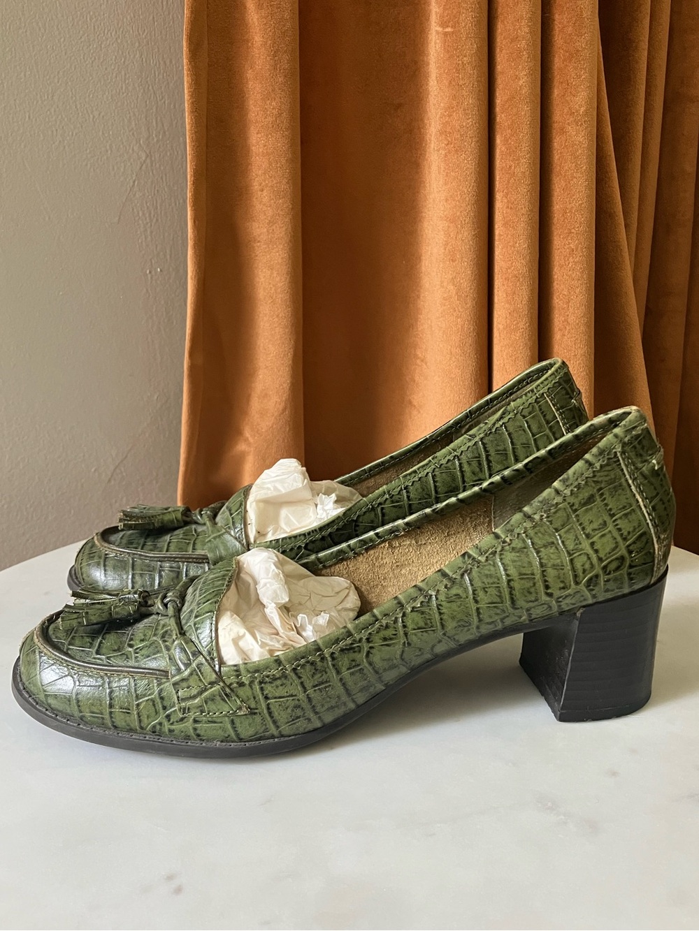 NINE & CO Leather Crocodile Loafer with Block Heel